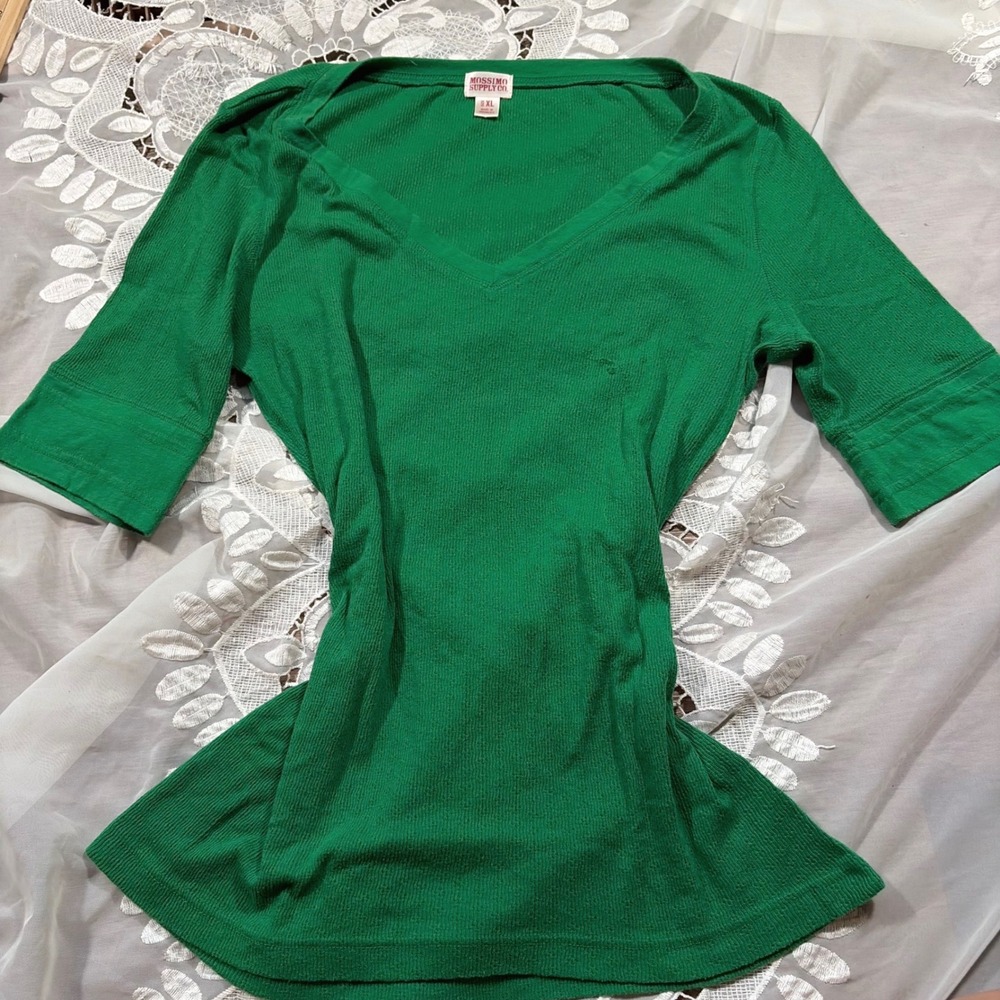 Y2K Henley Preppy Mossimo XL Green V-Neck Long Sleeve Pointelle Knit Top
